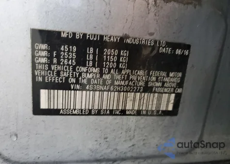 2017 Subaru Legacy 2.5I Premium from USA, damaged, VIN 4S3BNAF62H3002273